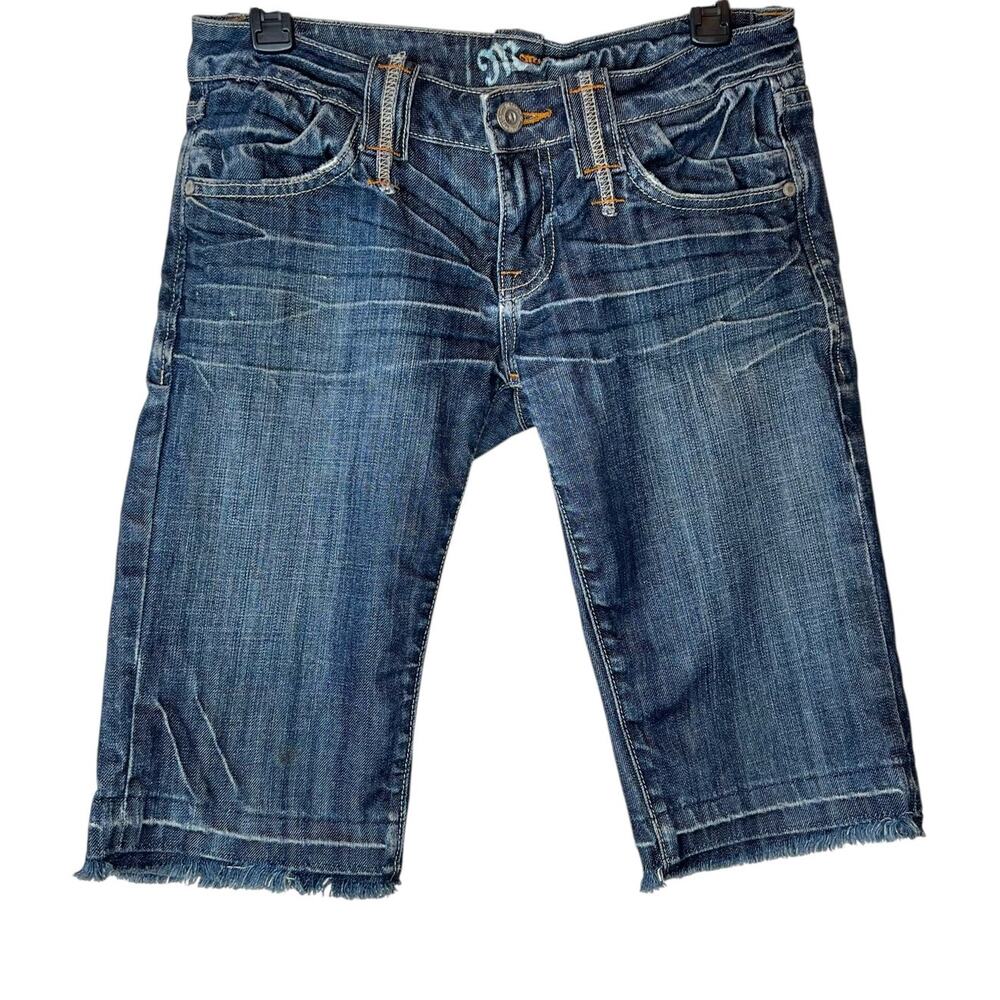 MISS ME Denim Shorts Cotton Stretch Distressed Solid Blue Mid Rise Womens 28 Y2K